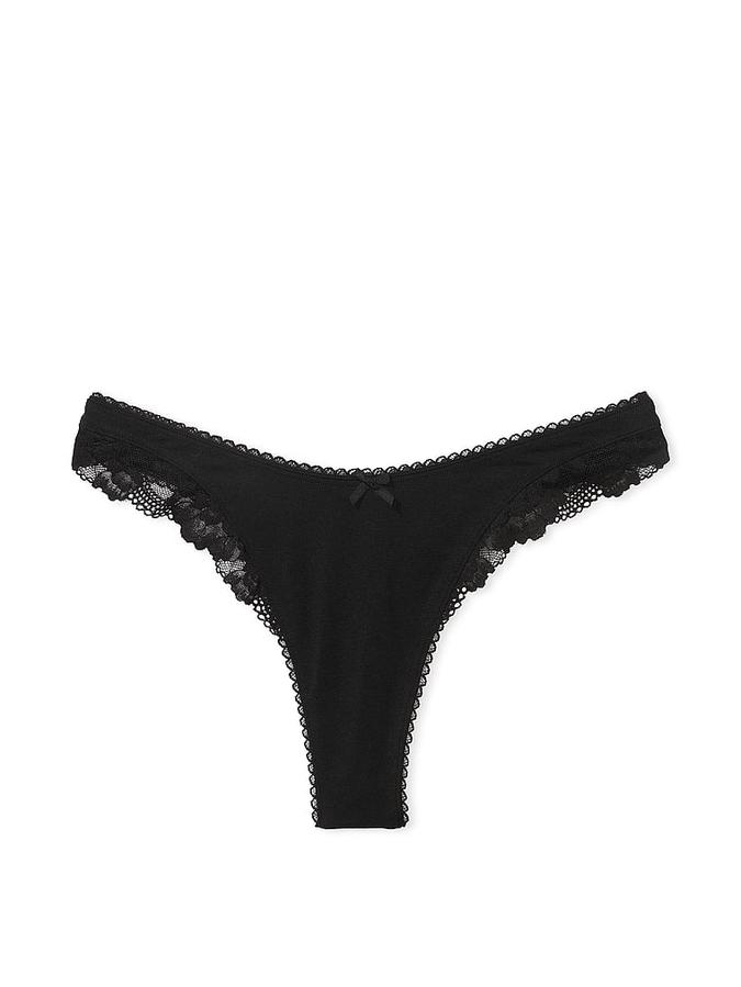 Stretch Cotton Lace-Trim High-Leg Scoop Thong Panty image number 2