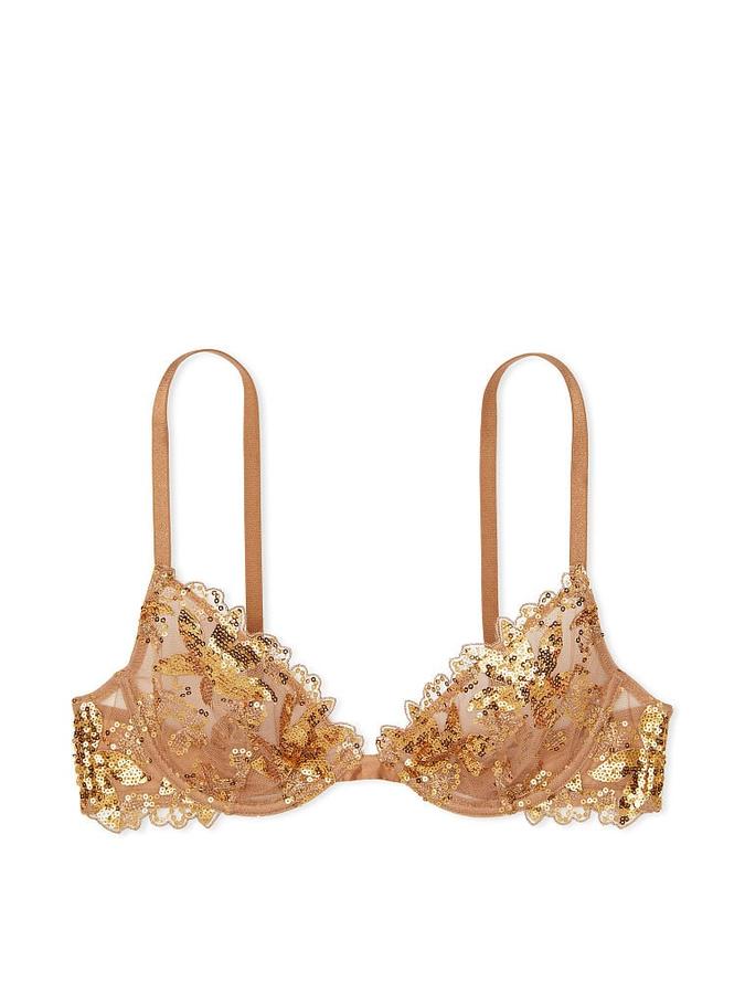 Gold Sequined Ziggy Floral Embroidery Low-Cut Demi Bra image number 2