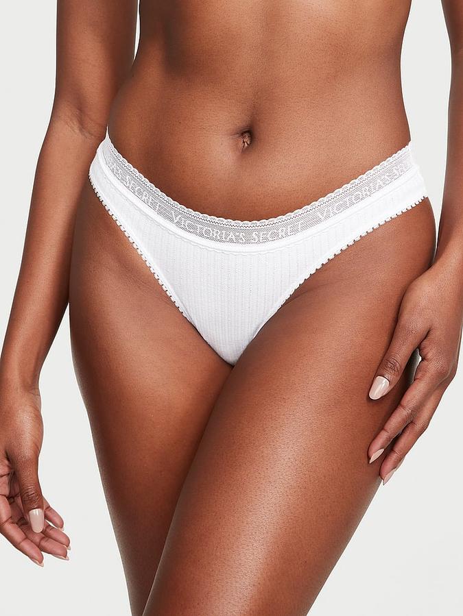 Logo Cotton Lace-Waist Thong Panty image number 0