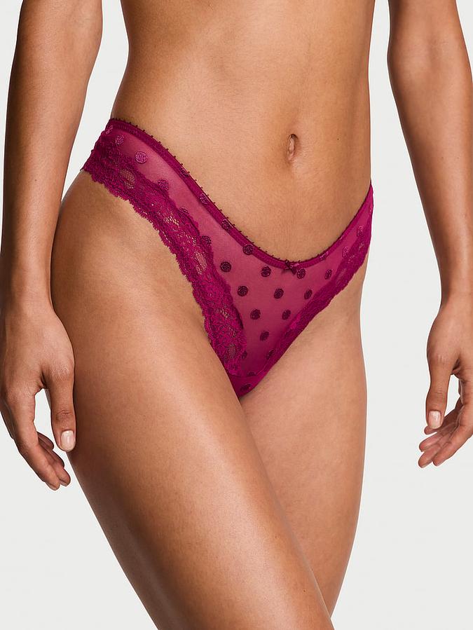 Sheer Heritage Dot Lace-Trim Thong Panty image number 0