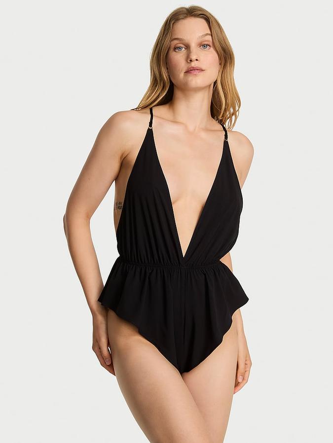 Chiffon Plunge Lace-Up Flutter Romper image number 0