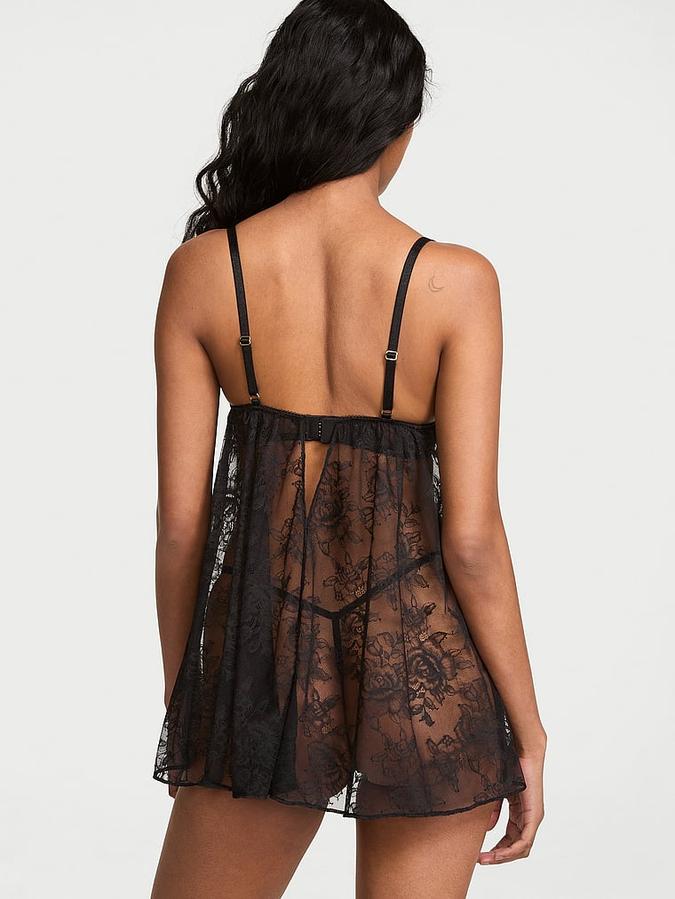 Rose Lace Low-Cut Push-Up Babydoll Set