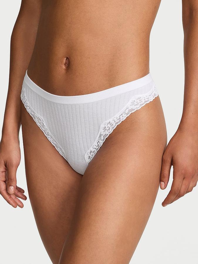 Seamless Rib Lace-Trim Thong Panty image number 0