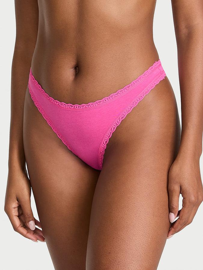 Stretch Cotton Lace-Waist Thong Panty image number 0