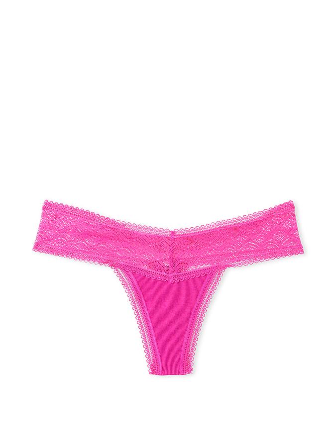 Lace Waist Cotton Ribbed Thong Panty