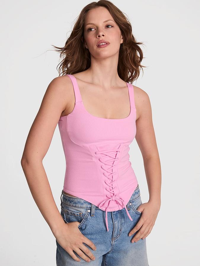 All-Day Soft Ribbed Lace-Up Corset Top image number 0