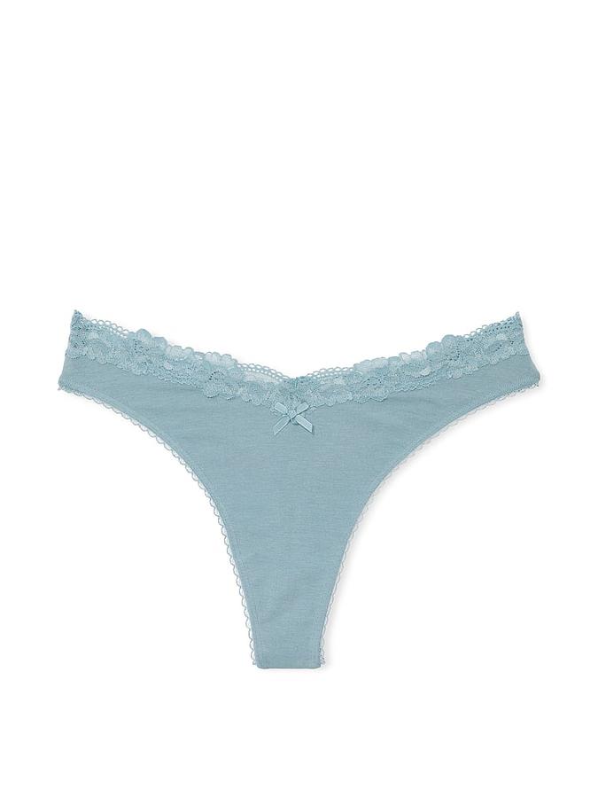 Stretch Cotton Lace-Waist Scoop High-Leg Thong Panty image number 1