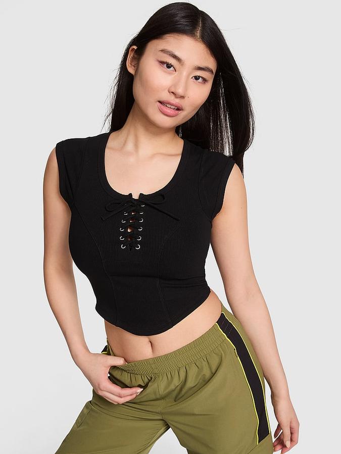 All-Day Soft Ribbed Lace-Up Top image number 0