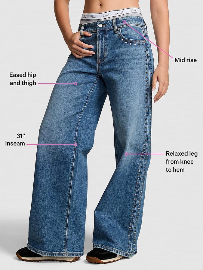 Denim by PINK Mid-Rise Baggy Wide-Leg Jeans image number 3