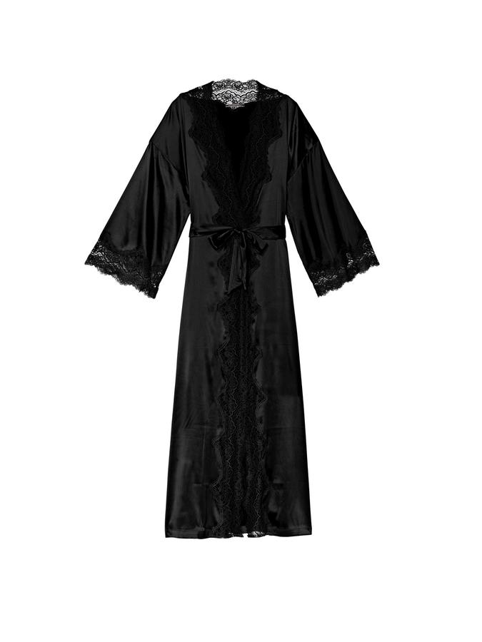 Lace-Trim Satin Long Robe image number 2
