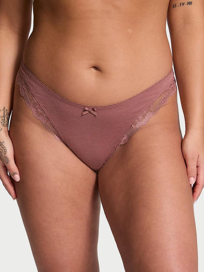 Stretch Cotton Lace-Trim High-Leg Scoop Thong Panty