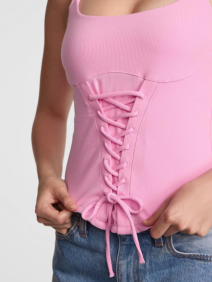 All-Day Soft Ribbed Lace-Up Corset Top image number 2
