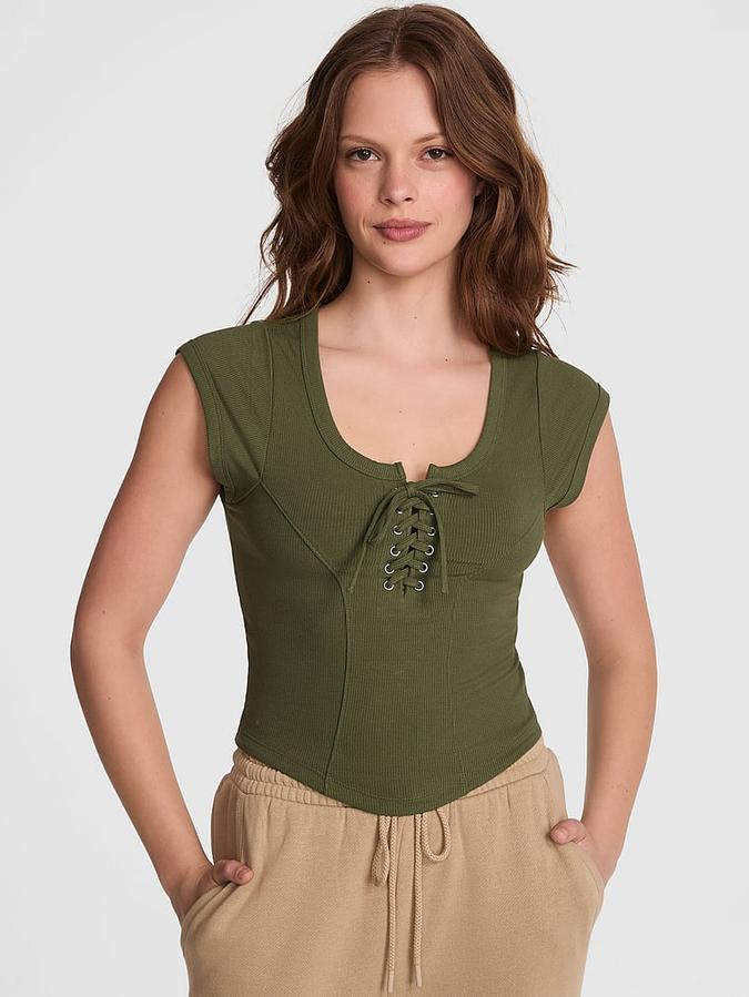 All-Day Soft Ribbed Lace-Up Top image number 0