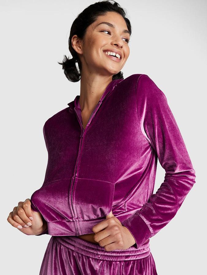 Buy Velour Shine Logo Full-Zip Crop Hoodie Online - Style ID