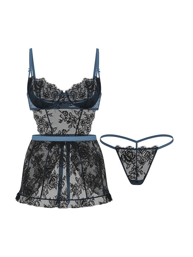 Wicked Unlined Denim Rose Lace Apron Set image number 2