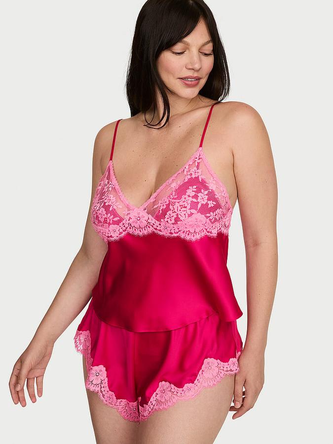 Satin Lace-Trim Cami & Flutter Shorts Set
