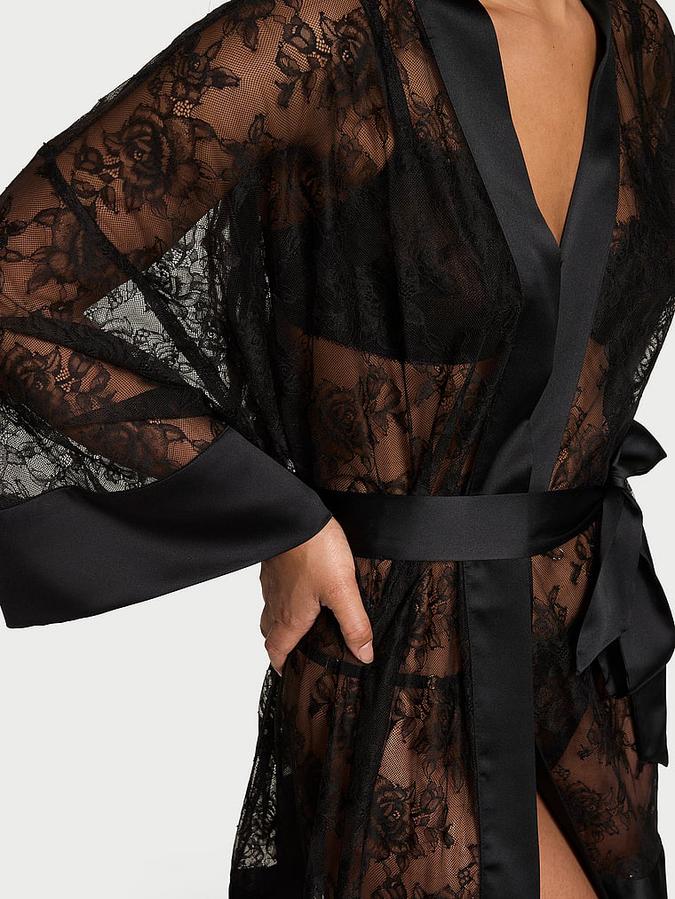 Rose Lace Satin-Trim Short Robe image number 3