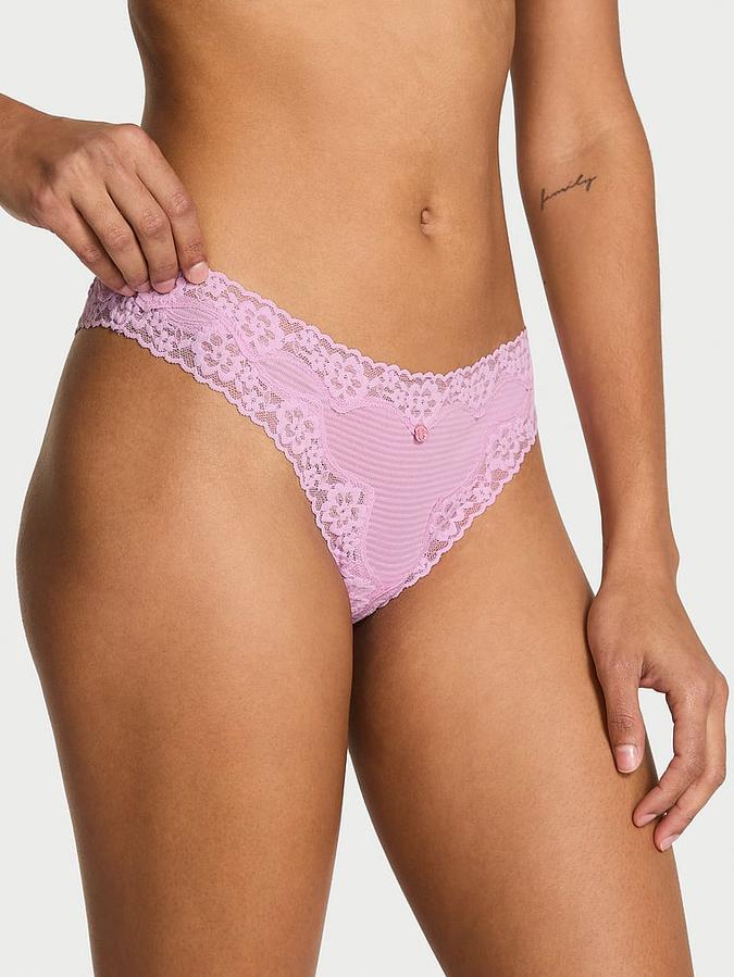 Cotton Shadow Stripe Lace-Waist Thong Panty
