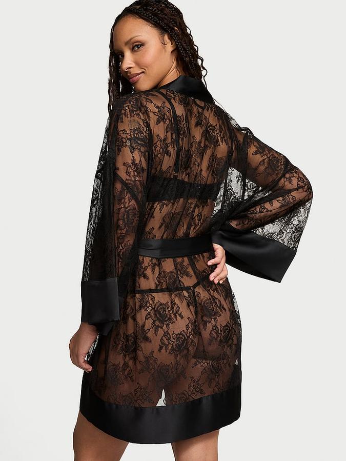 Rose Lace Satin-Trim Short Robe image number 1