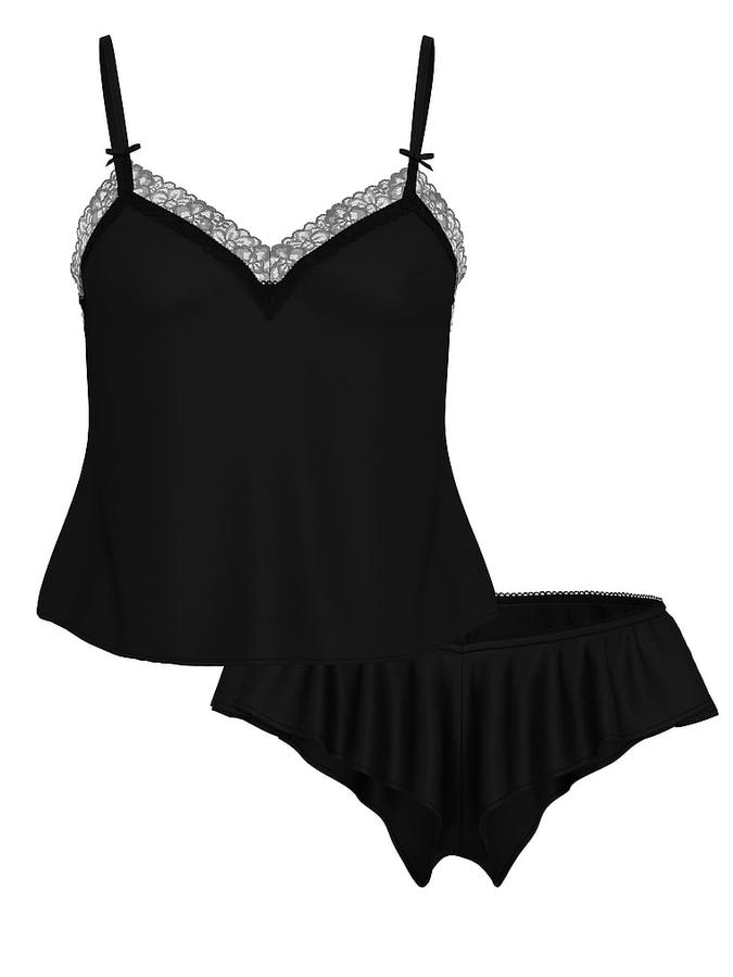 Tease Satin Lace-Trim Cami & Flutter Shorts Set image number 2