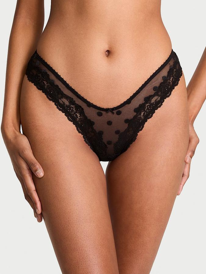 Sheer Heritage Dot Lace-Trim Thong Panty image number 0