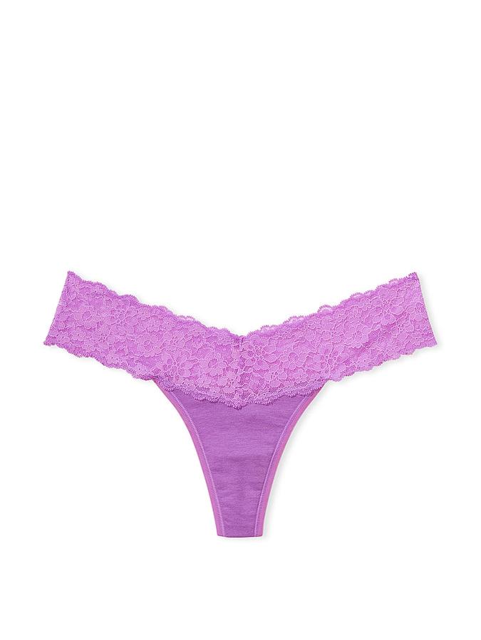 Lace-Waist Cotton Thong Panty image number 1