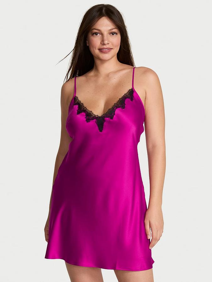Satin Rose Lace-Trim Mini Slip Dress