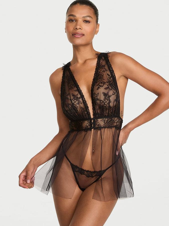 Rose Lace Plunge Babydoll Set