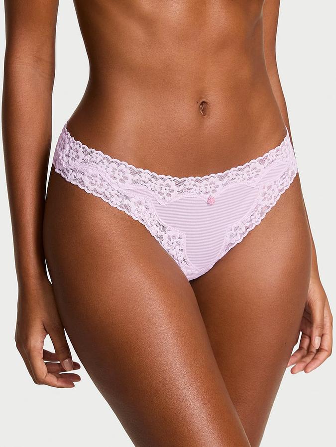 Cotton Shadow Stripe Lace-Waist Thong Panty