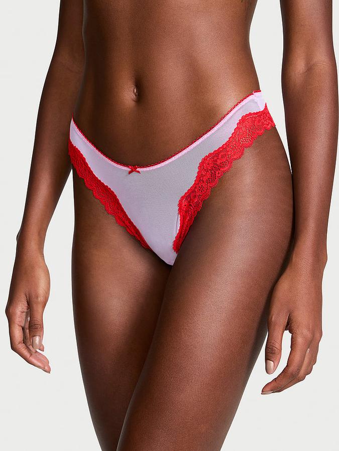 Tease Mesh Lace-Trim High-Leg Thong Panty image number 0
