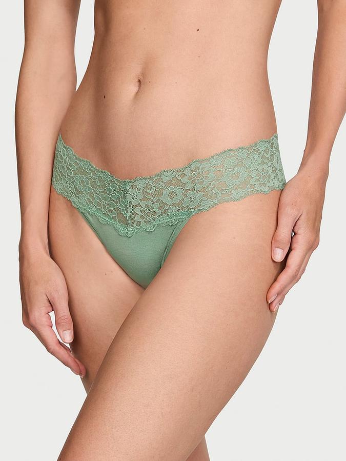 Lace-Waist Cotton Thong Panty image number 0
