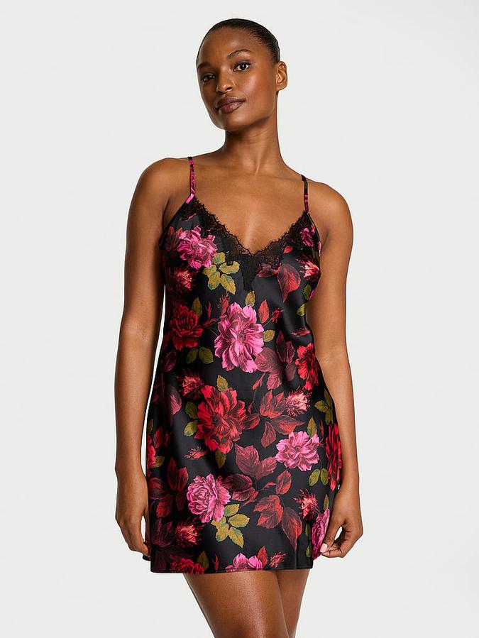 Satin Rose Lace-Trim Mini Slip Dress