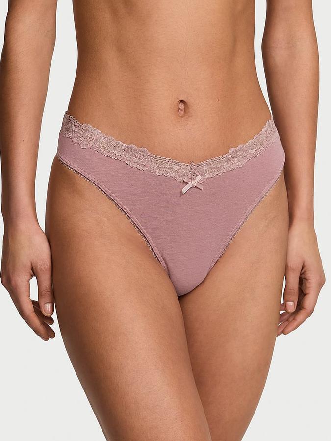 Stretch Cotton Lace-Waist Scoop High-Leg Thong Panty image number 0