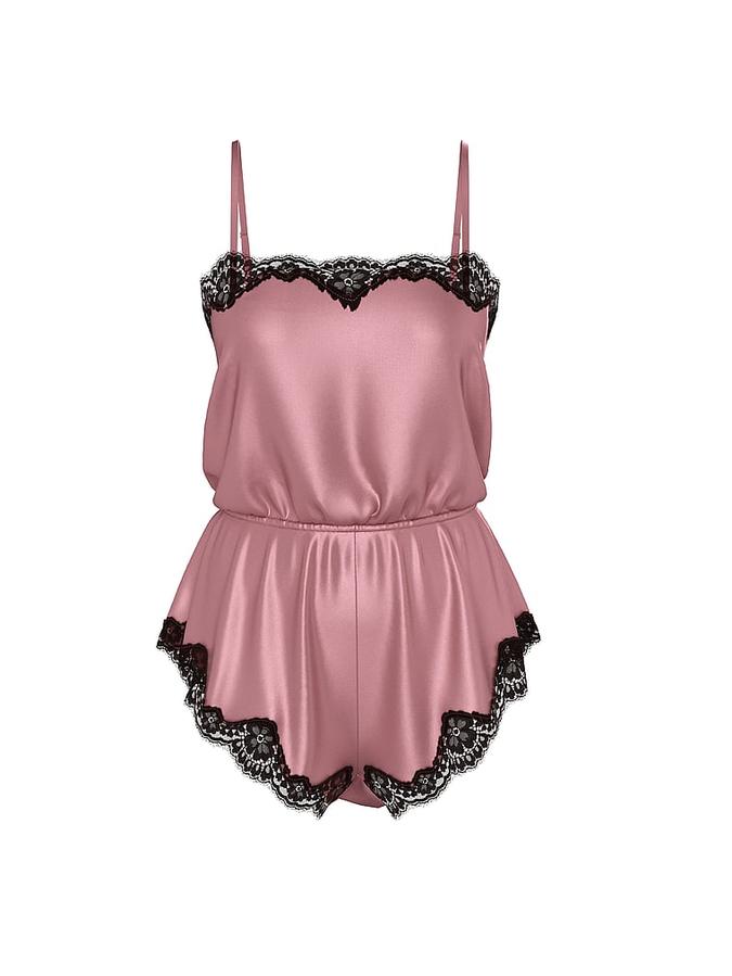Satin Lace-Trim Romper image number 2