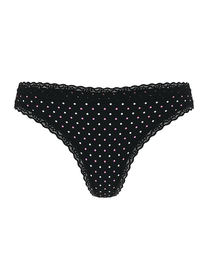 Stretch Cotton Lace-Waist Thong Panty image number 1