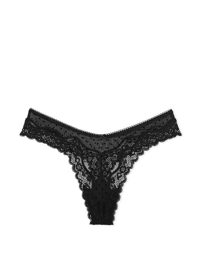 Tease Mesh Lace-Trim High-Leg Thong Panty image number 0
