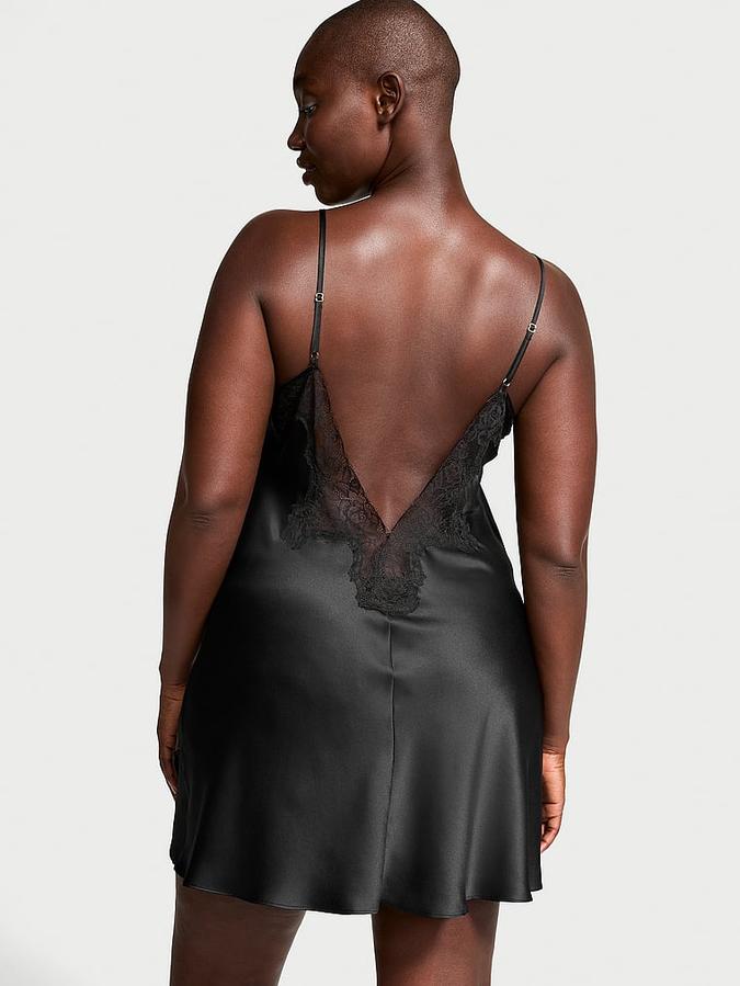 Satin Rose Lace-Trim Mini Slip Dress