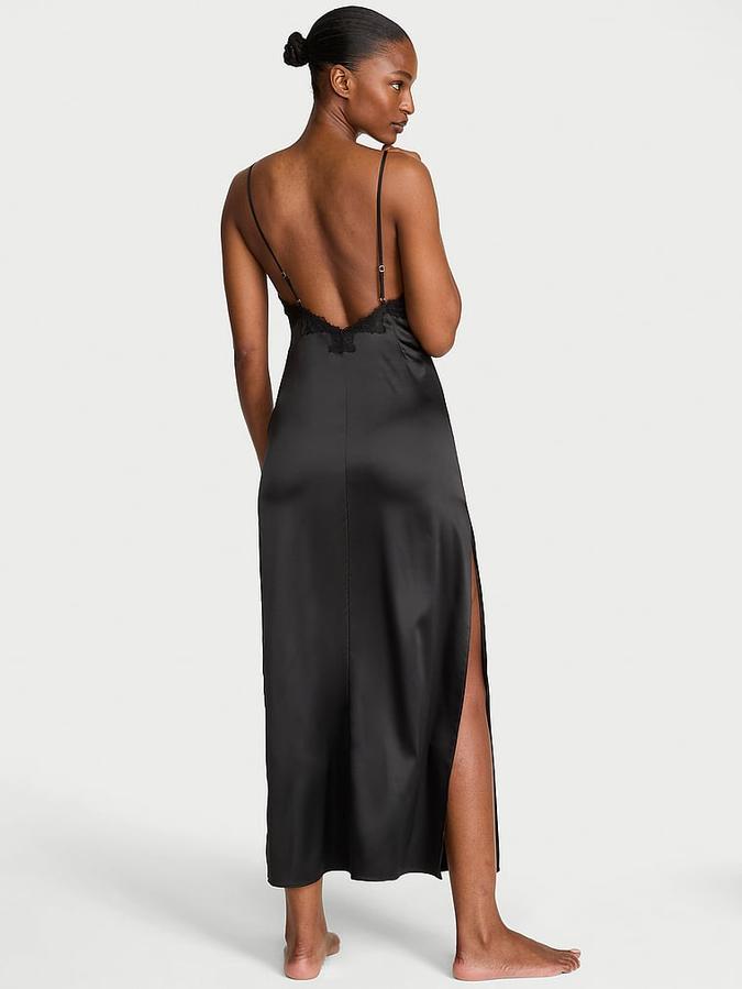 Satin Rose Lace High-Slit Maxi Slip Dress