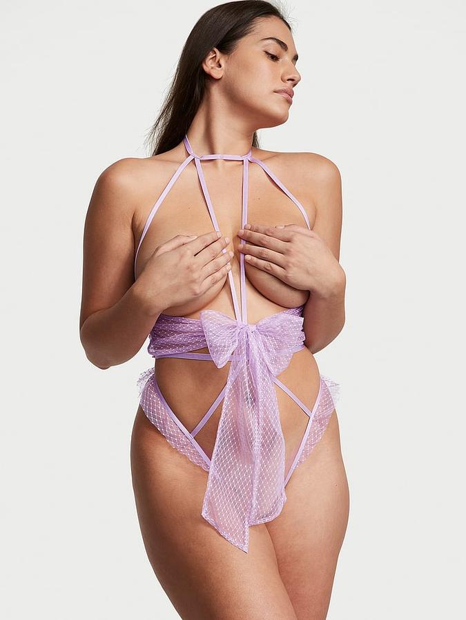 Bow Mesh Open-Cup Crotchless Playsuit image number 0