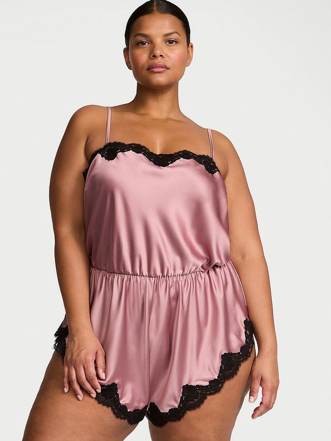 Satin Lace-Trim Romper image number 0