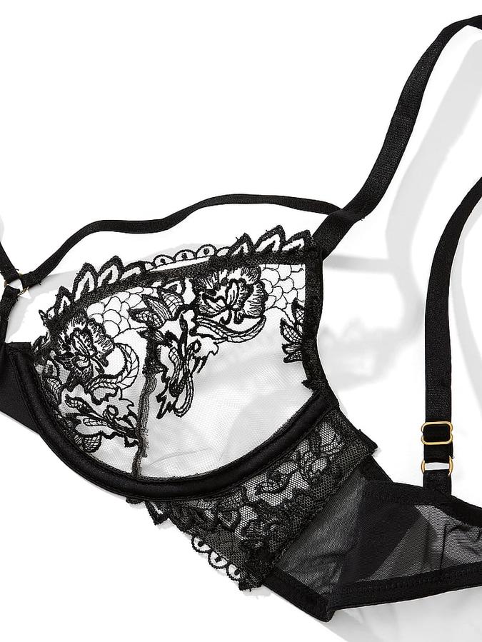 Embroidered Mesh Strappy Low-Cut Demi Bra image number 3