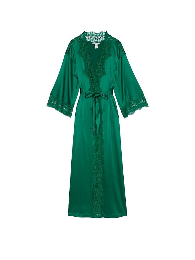 Lace-Trim Satin Long Robe image number 2