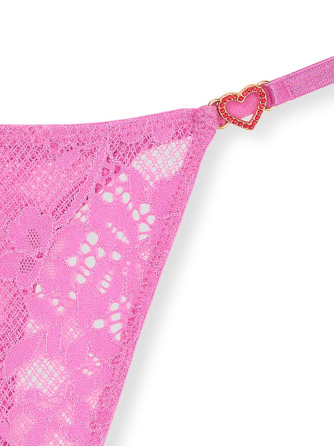 Lace Rhinestone Heart Hardware Thong Panty image number 2