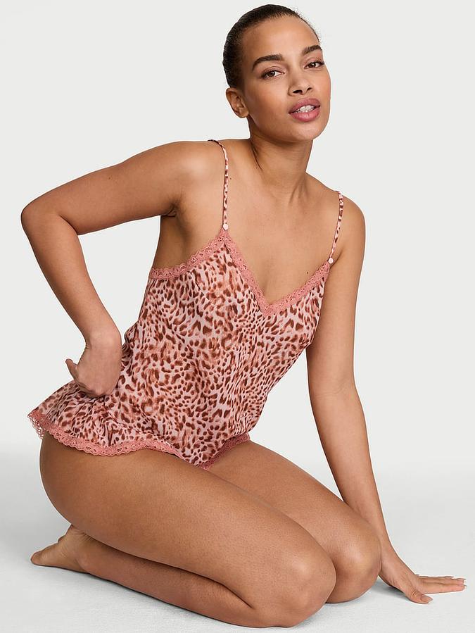 Leopard Chiffon Lace-Trim Cami & Flutter Shorts Set