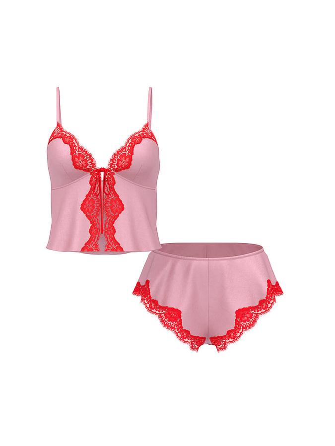 Satin Lace-Trim Flyaway Cami & Flutter Shorts Set image number 2