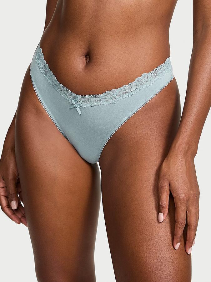 Stretch Cotton Lace-Waist Scoop High-Leg Thong Panty image number 0