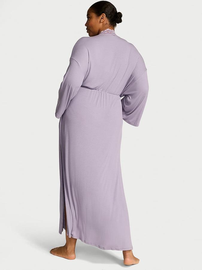 Ribbed Modal Lace-Trim Long Robe image number 1
