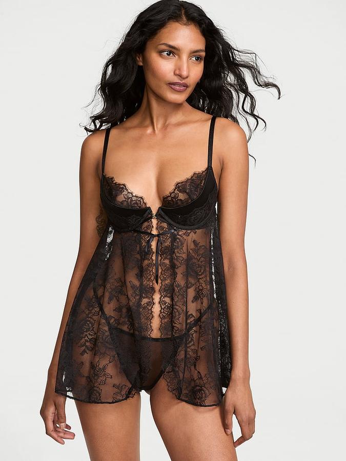 Rose Lace Low-Cut Push-Up Babydoll Set