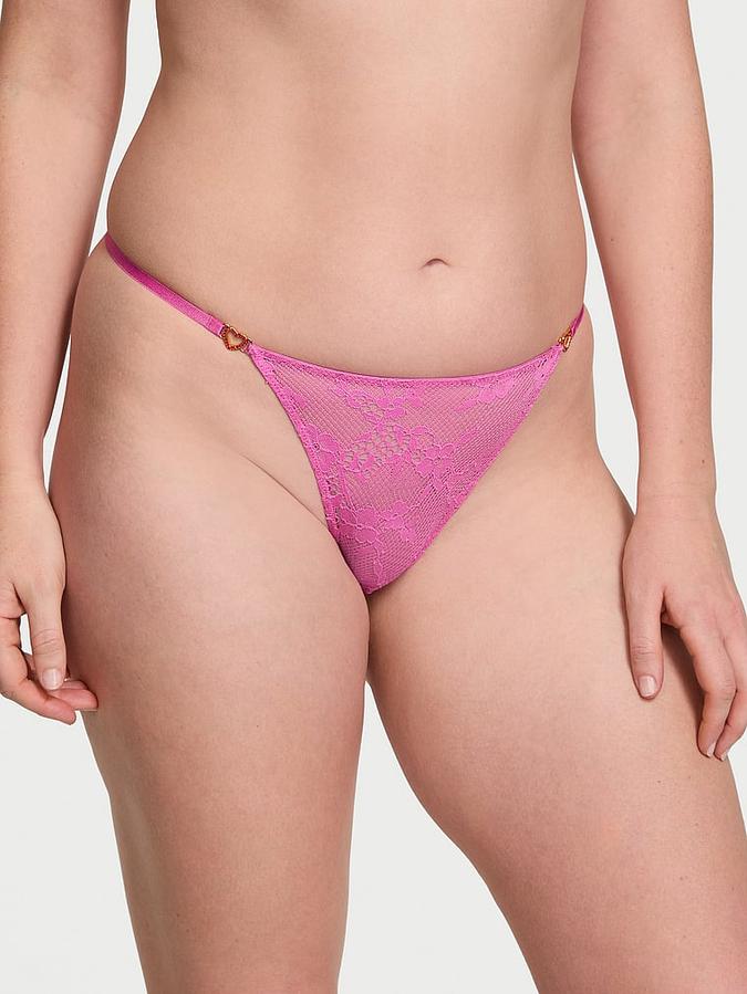 Lace Rhinestone Heart Hardware Thong Panty image number 0