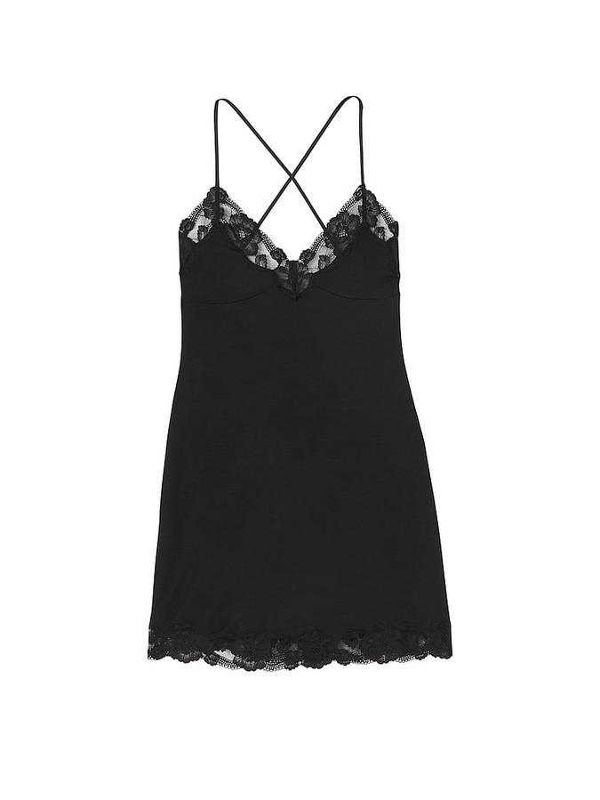 SoSoft&trade; Modal Ribbed Lace-Trim Cross-Back Slip Dress image number 2